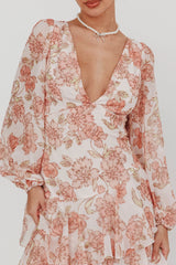 Veda Long Sleeve Floral Tiered Ruffle Maxi Dress Peach