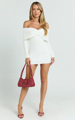Rani Mini Dress Off Shoulder Long Sleeve Bodycon Dress in Off White