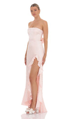 Satin Jacquard Back Bow Corset Maxi Dress in Pink
