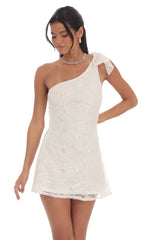 One Shoulder Sequin Floral Dress in Ivory