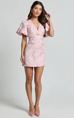 Diana Mini Dress - Jacquard Short Sleeve Cut Out Dress in Light Pink