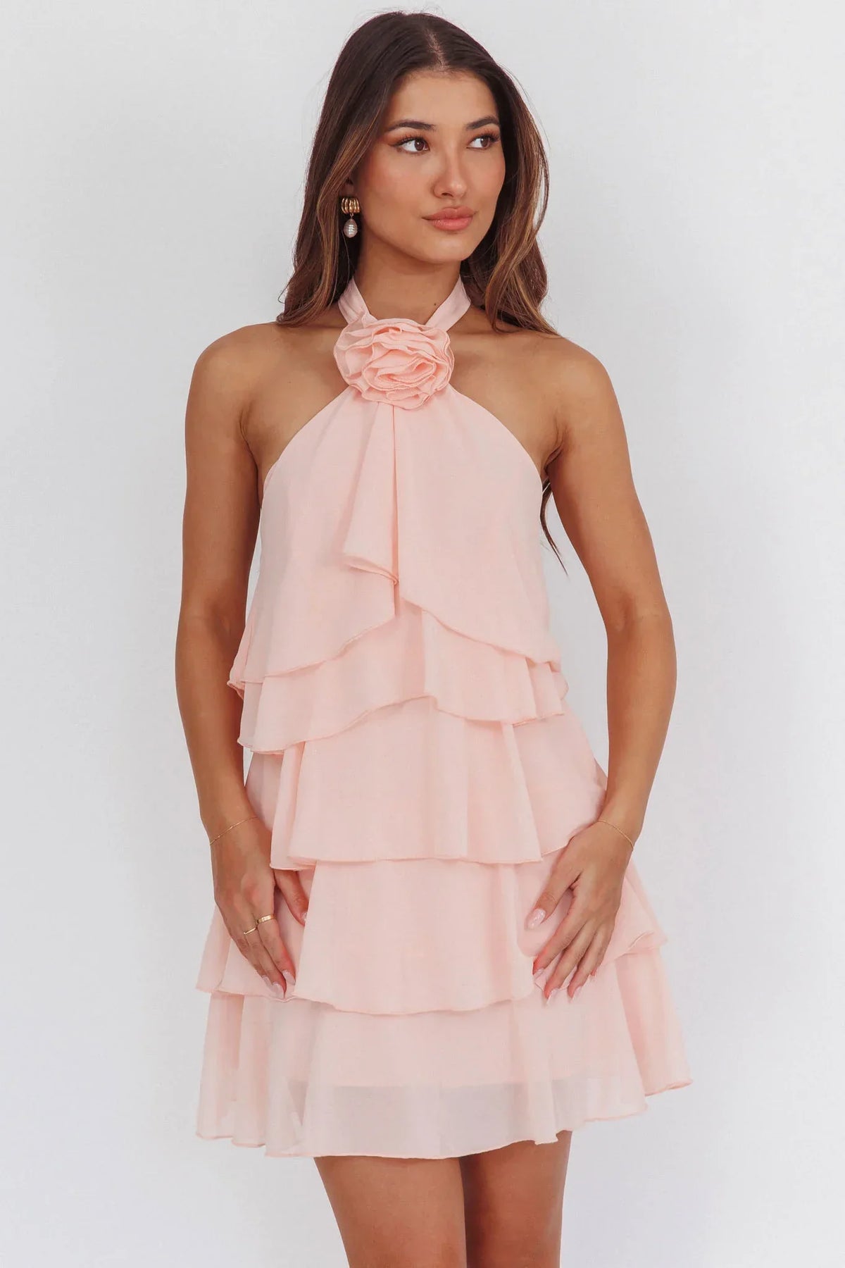 Southern Belles Halterneck Ruffle Mini Dress Pink