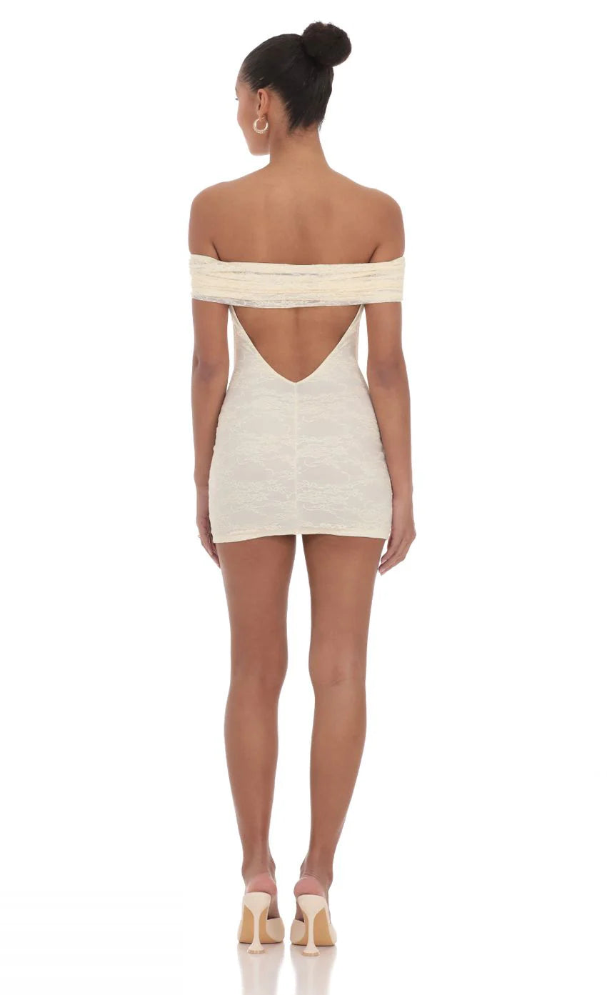 Off Shoulder Lace Bodycon Dress in Cream