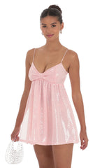 Sequin Front Bow Babydoll Dress in Pink