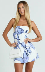 Catharine Mini Dress - Strapless A Line Dress in Blue Floral