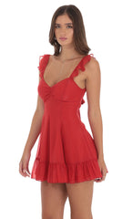 Shimmer Chiffon Ruffle Strap Dress in Red