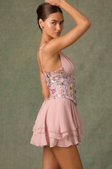 Embellished Ruffled Corset Mini Dress in Floral Pink