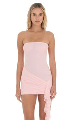 Mesh Strapless Tassel Dress in Pink