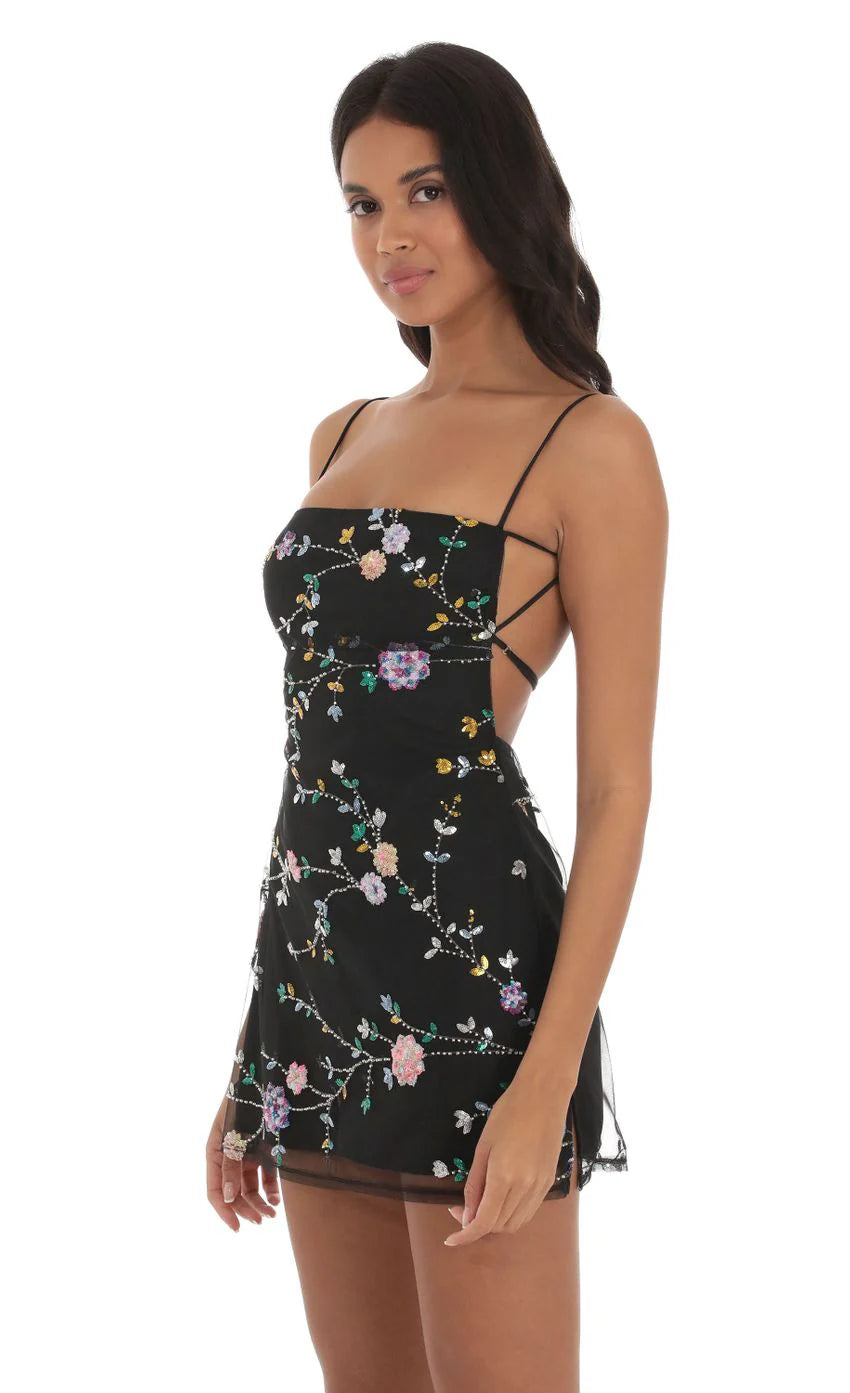Floral Sequin Dress In Black