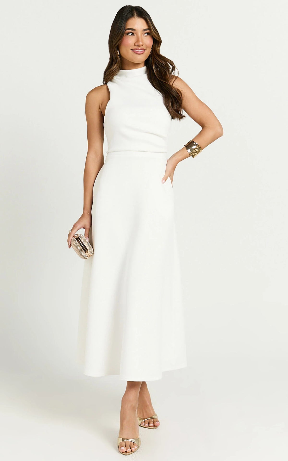 Macy Midi Dress - High Neck A Line Dress in Off White
