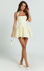 Maddy Mini Dress Square Neck Halter Fit And Flare Dress in Lemon