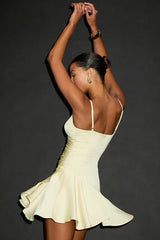 Riselle Light Yellow Satin Asymmetrical Mini Dress