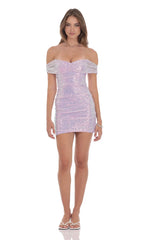 Iridescent Sequin Off Shoulder Dress in Lavender