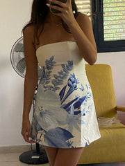 Denby Strapless Mini Dress - Blue Floral Print