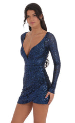 Blue Sequin V-Neck Long Sleeve Dress in Black