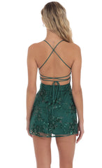 Sequin Embroidered Open Back Dress in Green