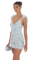 Floral Sequin V-Neck Dress in Blue