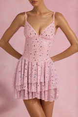 Embellished Ruffled Tiered Mini Dress in Pink