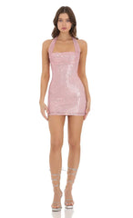Sequin Halter Dress in Pink