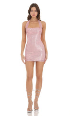 Sequin Halter Dress in Pink