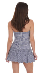 Gingham Strapless Bubble Dress in White and Blue