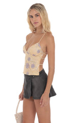 Open Back Sequin Floral Top in Champagne