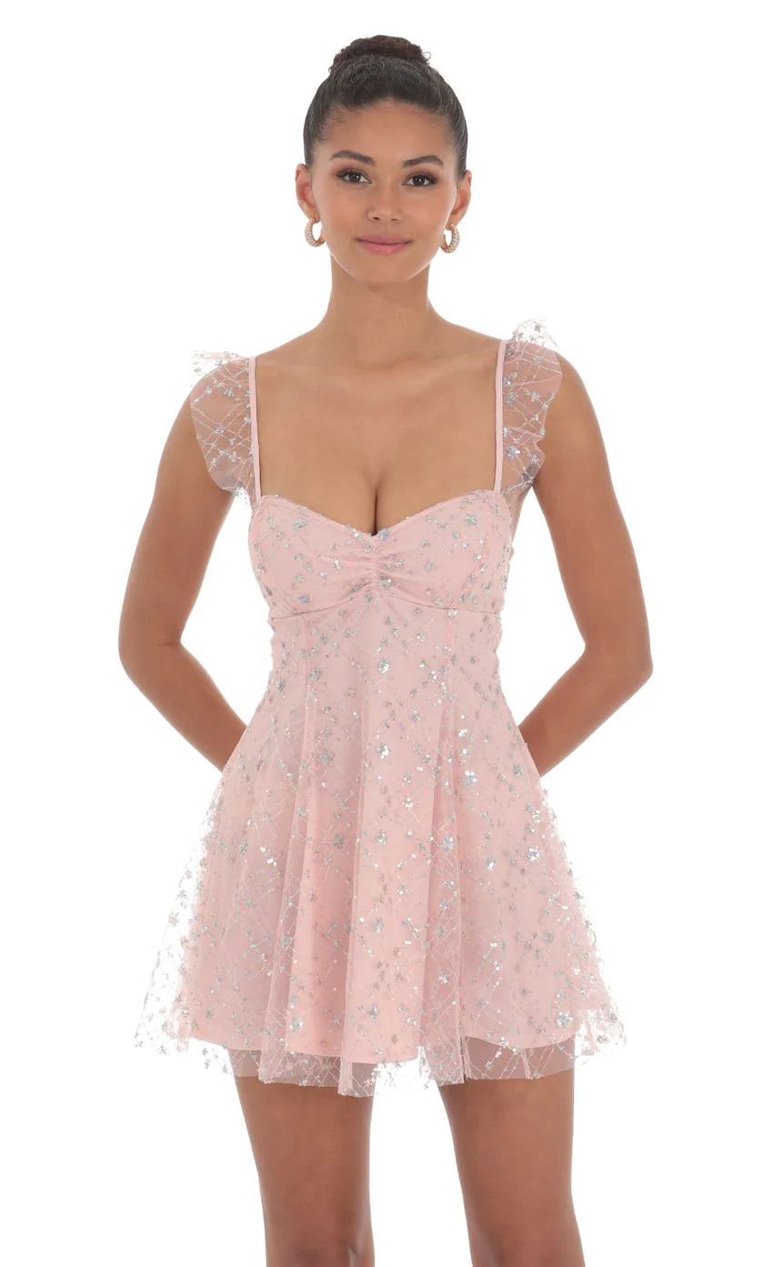Sequin Glitter Fit and Flare Dress in Pink