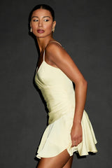 Riselle Light Yellow Satin Asymmetrical Mini Dress