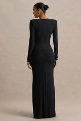 Jewel | Black Plunge-Neck Maxi Dress With Front Split and Ruched Detailing
