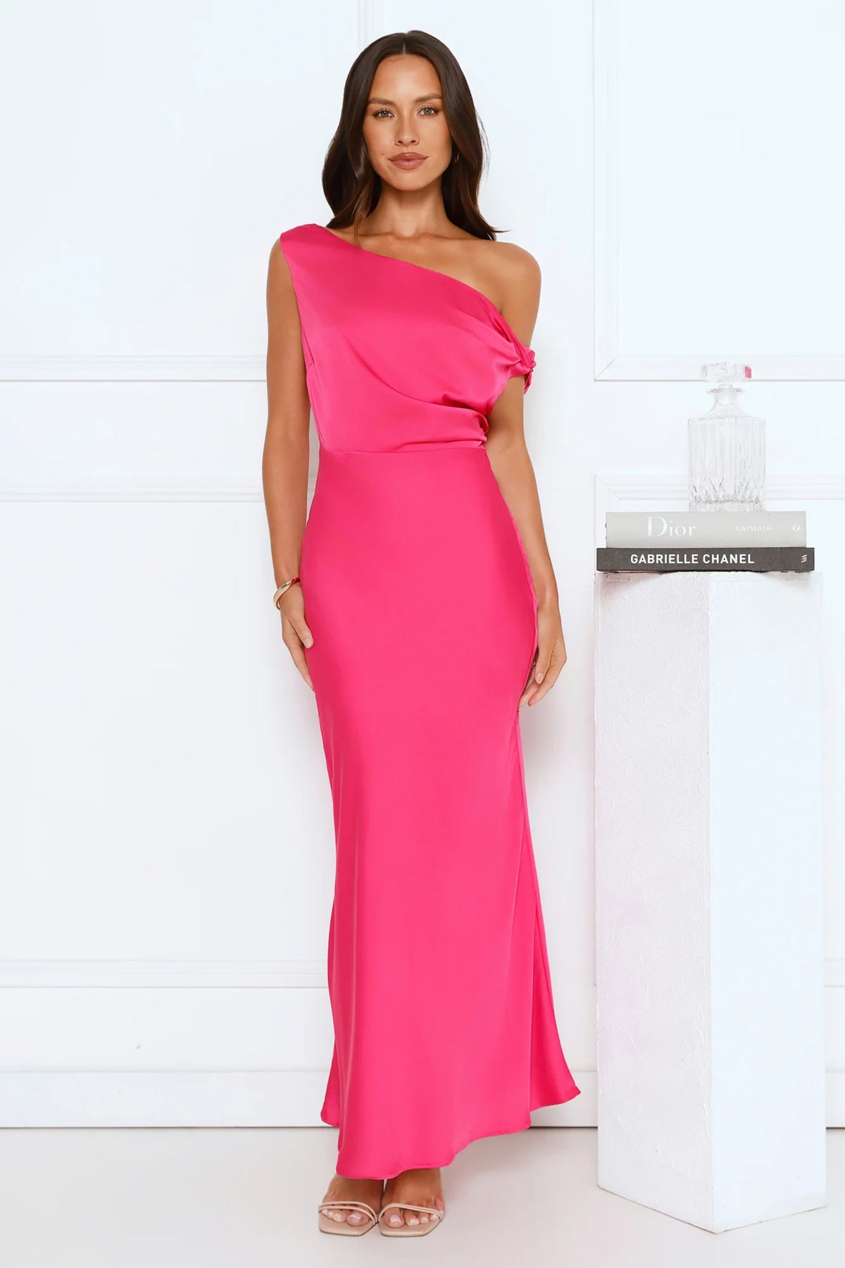 Late Night Luxe Off Shoulder Satin Maxi Dress Pink