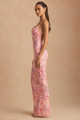 Embellished Scoop-Neck Backless Maxi Dress in Pink