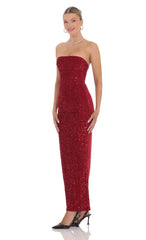 Velvet Sequin Strapless Maxi Dress in Red