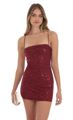 Sequin Ruffle Mini Dress in Burgundy