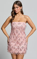 Shook Mini Dress Cami Sequin Fringe Dress in Pink Sequin