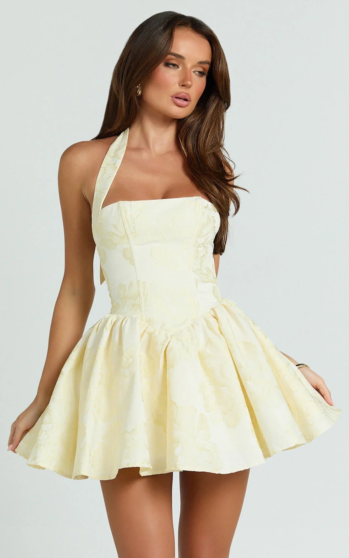 Maddy Mini Dress Square Neck Halter Fit And Flare Dress in Lemon