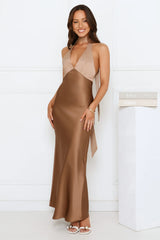 Gilded Grace Satin Maxi Dress Brown