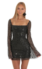 Sequin Floral Bell Sleeve Dress in Black