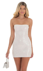 Pearl Sequin Strapless Bodycon Dress in White