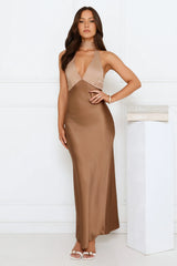 Gilded Grace Satin Maxi Dress Brown