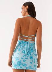 Merida Halterneck Beaded Mini Dress - Blue