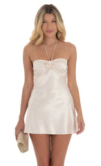 Flower Satin Halter Dress in Champagne