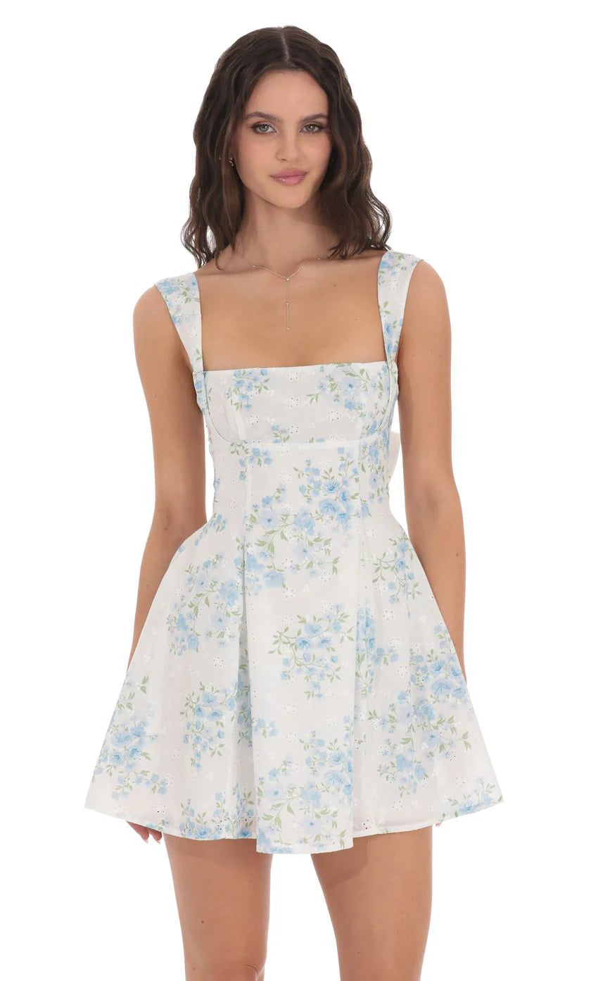 Floral Eyelet Fit and Flare Dress in White
