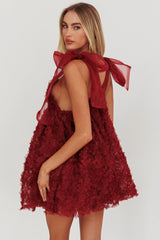 Lisette Tied Shoulder Embellished Mini Dress Wine