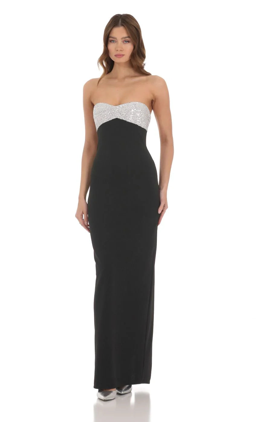 Strapless White Sequin Maxi Dress in Black