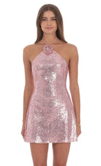 Sequin Florette Halter Dress in Pink