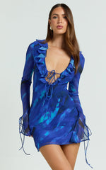 Alesya Mini Dress Ruffle Plunge Neck Long Sleeve Tie Detail Dress in Blue Abstract