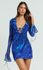 Alesya Mini Dress Ruffle Plunge Neck Long Sleeve Tie Detail Dress in Blue Abstract