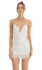 Sequin Feather Fringe Bodycon Dress in White