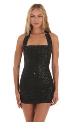 Sequin Striped Halter Dress in Black