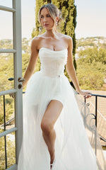 Kelsey Mini Dress Beaded Strapless Corset Panel Dress with Detachable Tulle Skirt in White